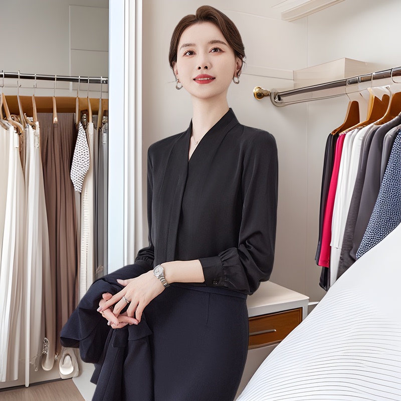 Qigu Niang V-neck white shirt women's spring and summer suit bottoming business wear interview formal wear long sleeve chiffon shirt