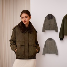 ZA速卖通爆款跨境外贸欧美风女装反绒皮效果可拆领口夹克外套