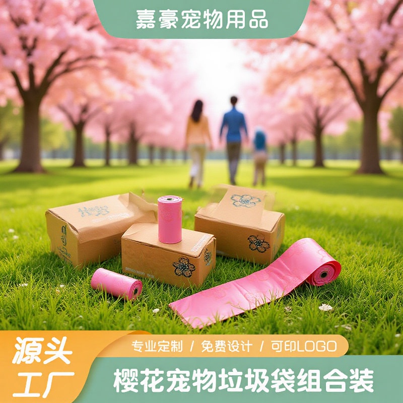 Wholesale Manufacturer Pet Waste Bags, Roll-Type, 10 Rolls, Cherry Blossom Style, Cat and Dog Poop Scooping Tool, Direct Supply
