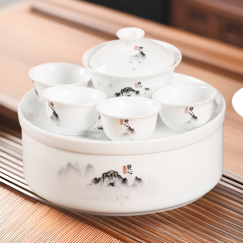 Chaoshan Kung Fu Travel Tea Set with Ceramic Tea Tray Household Car Outdoor Portable White Porcelain Tea Set