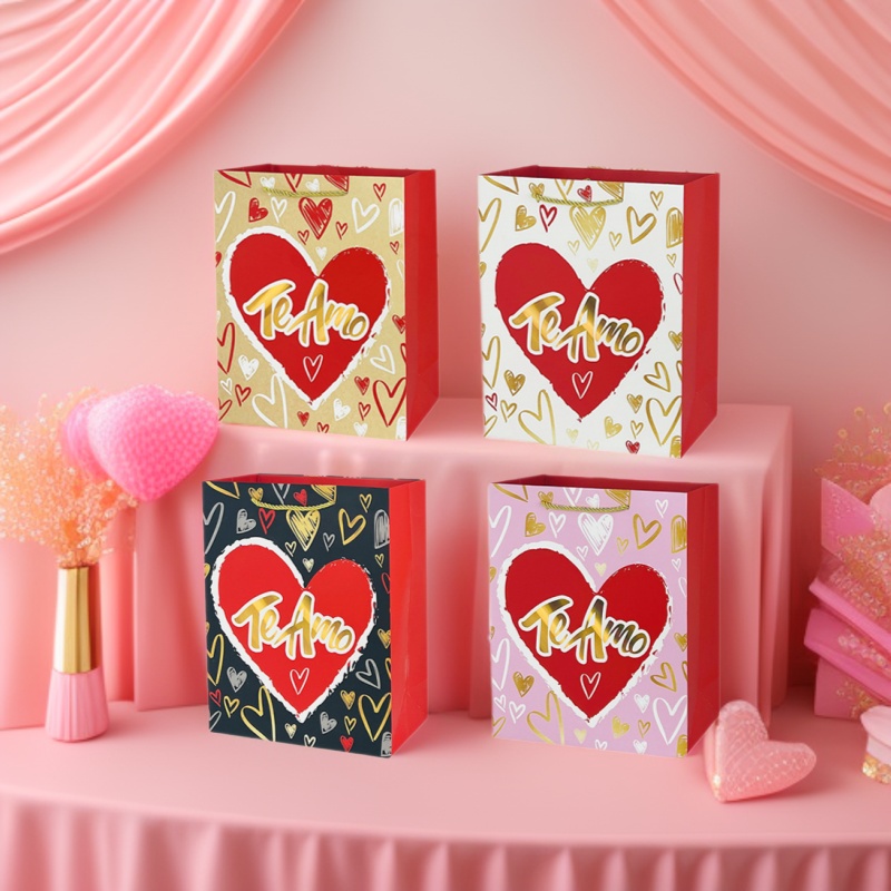 新款情人节礼品袋烫金爱心节日手提包装袋批发