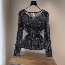 跨境2023春新款欧美个性圆领流苏宽松T恤女洋气别致短款长袖