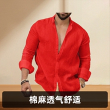 2025外站亚马逊长袖欧美棉麻纯色男士衬衫青年休闲衬衣