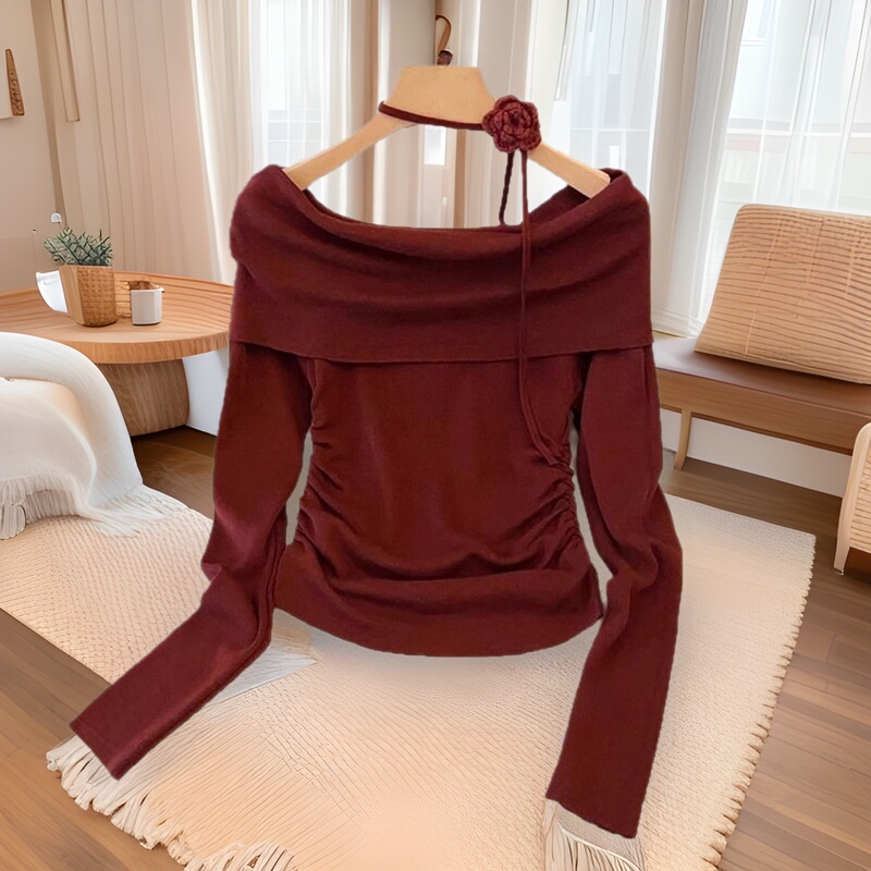 Women's off-shoulder waist long-sleeved sweater spring new rose lace-up design elastic thin pleated top