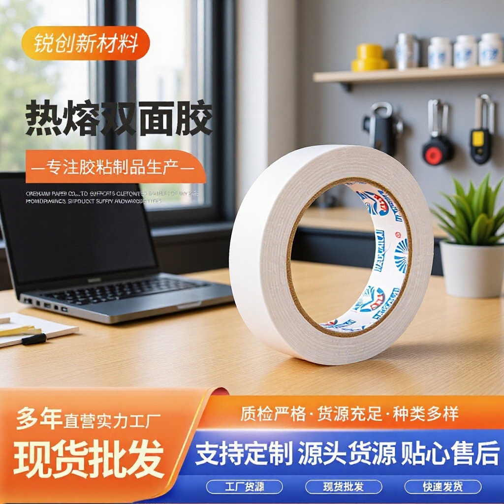 热熔双面胶复古薄款强粘白色棉纸办公文具包装工业双面胶带批