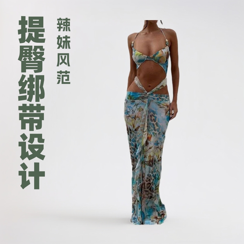 跨境2025夏季新款性感辣妹提臀绑带印花个性比基尼沙滩连衣裙女