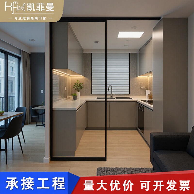 Aluminum Alloy Extremely Narrow Kitchen Sliding Door Without Bottom Track, Three-Link Hanging Track Door, Balcony Bathroom Glass Partition Sliding Door
