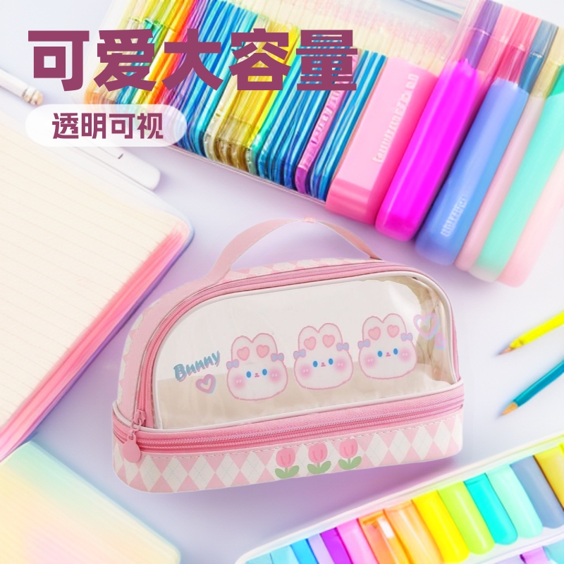 Estuche para lápices portátil para estudiantes, bolso de almacenamiento de gran capacidad de dibujos animados transparente, bolso de papelería simple multifuncional impermeable lindo