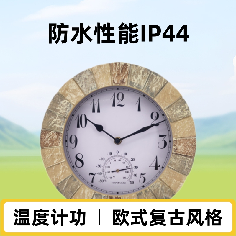 [Amazon hot sale home products] outdoor waterproof garden creative European style resin wall clock with thermometer