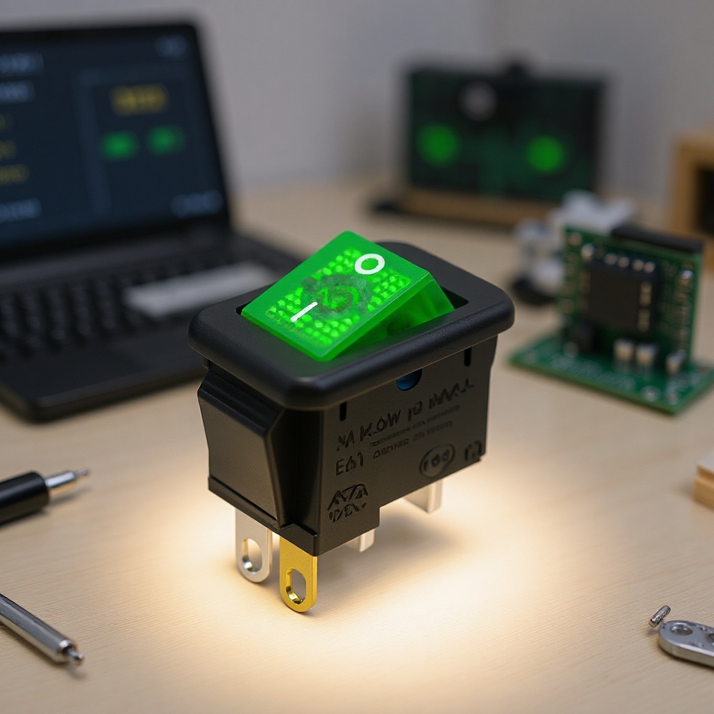 绿色带LED灯防水船型开关 四脚插口船形开关 两档翘板开关