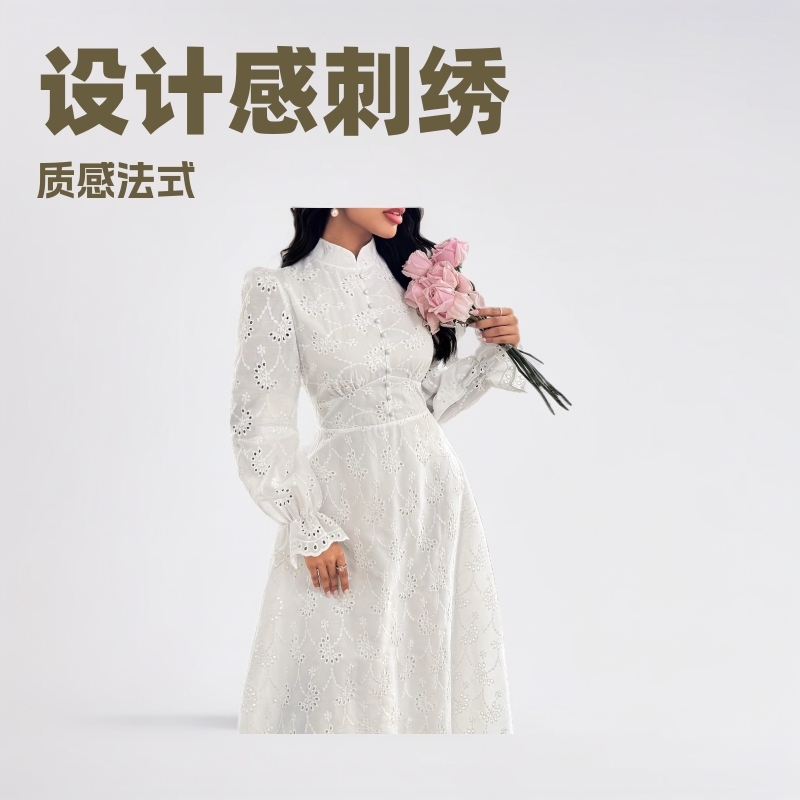 2025 春の女性のデザインフレンチスタイルヘビー刺繍品質の女性の白い気質通勤ドレス|undefined