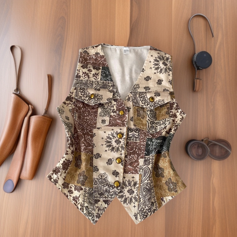 High-End Fashion Outerwear Western-Style Printed Denim Vest for Women, Summer Korean Versatile Sleeveless Cardigan Vest
