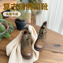 磨砂牛皮短靴早秋上新复古棉麻风靴子女真皮时尚休闲马丁靴女