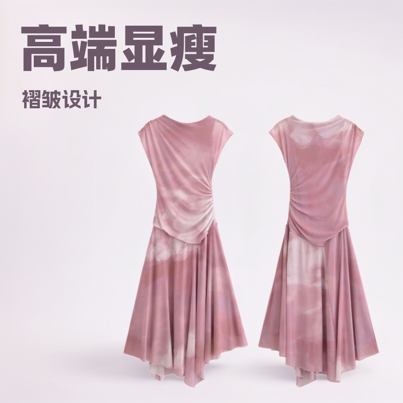 跨境2025新款高端女装高级感显瘦气质褶皱绢网裙子女夏连衣裙混批