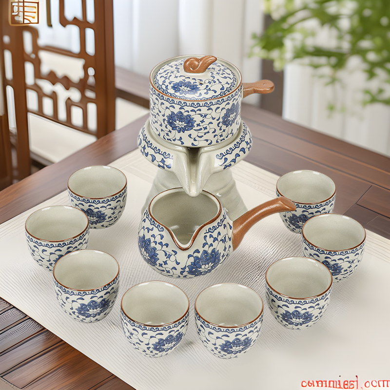 Blue and white Ruyao Automatic Tea Set High-grade Kung Fu Tea Set Lazy Stone Mill Tea Beige Tea Cup Home Gift