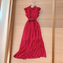 包邮韩版chic荷叶领飞飞袖收腰a字百褶连衣裙女百搭轻熟风大摆中