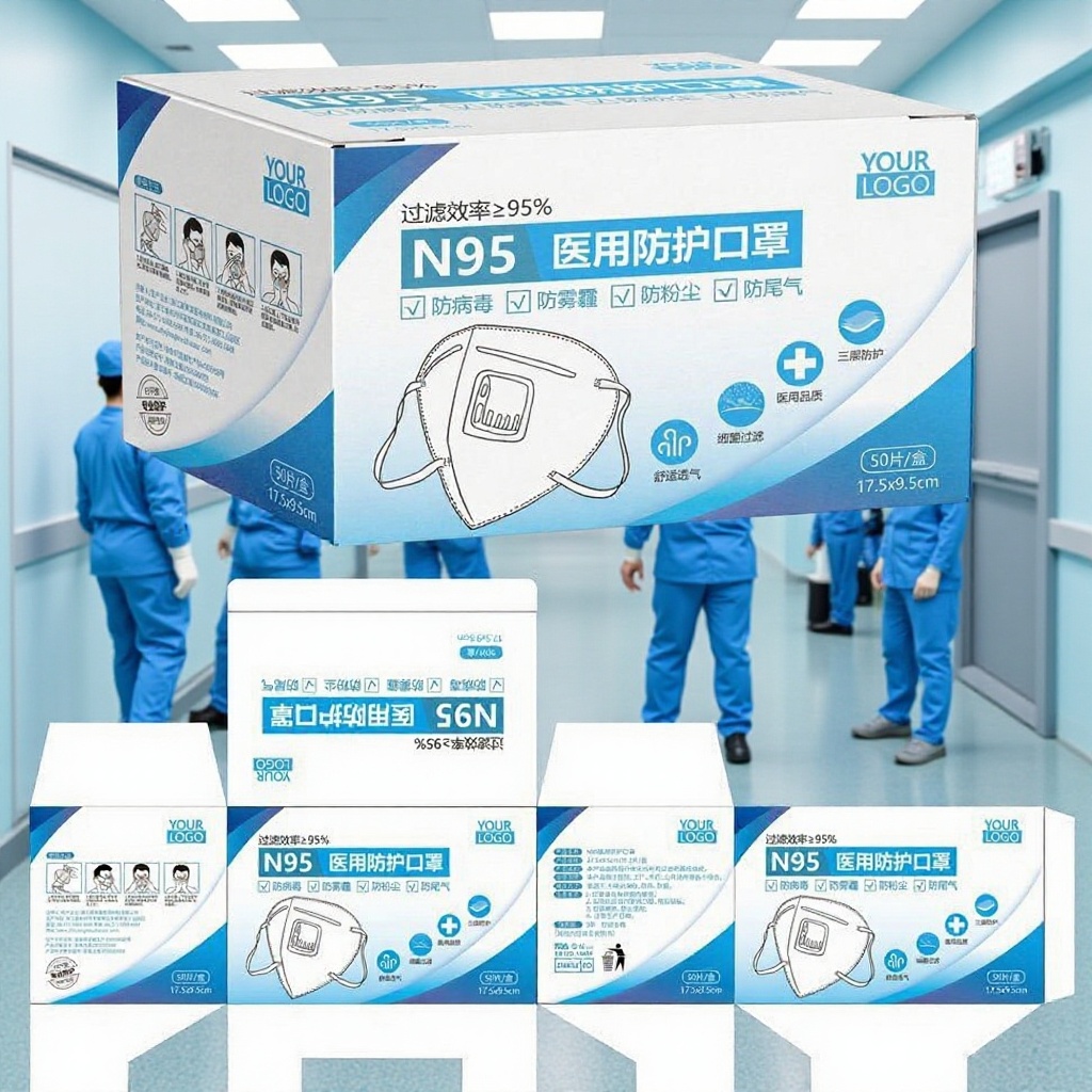 可定按要求彩色印刷白卡纸盒一次性立体防护KN95口罩英文包装盒子