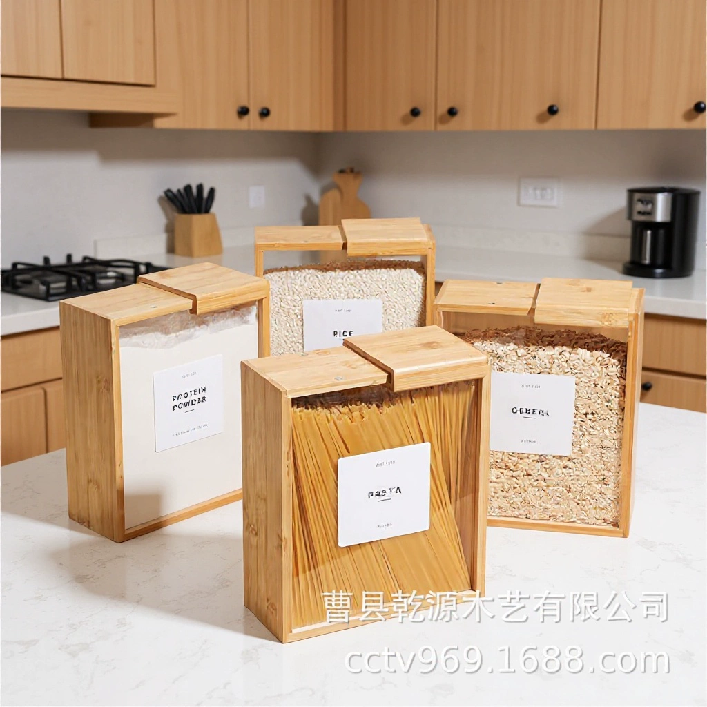Оптовая коробка для хранения круп с бамбуковой крышкой, кухонный контейнер для продуктов, деревянный диспенсер для бобов и круп