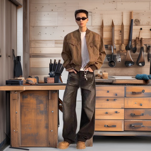 Leather brown short sleeve workwear jacket for men, spring and autumn wash streetwear baseball jacket, American retro Harrington jacket