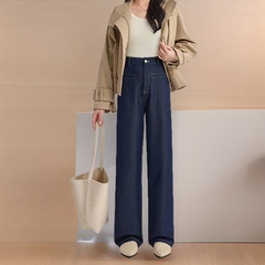 丹寧藍闊腿牛仔褲女春秋2025新款小個子寬鬆顯瘦直筒褲子