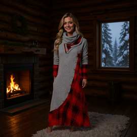 欧美跨境女装条纹格子拼接带口袋堆堆领大码长袖连衣裙厂家直销