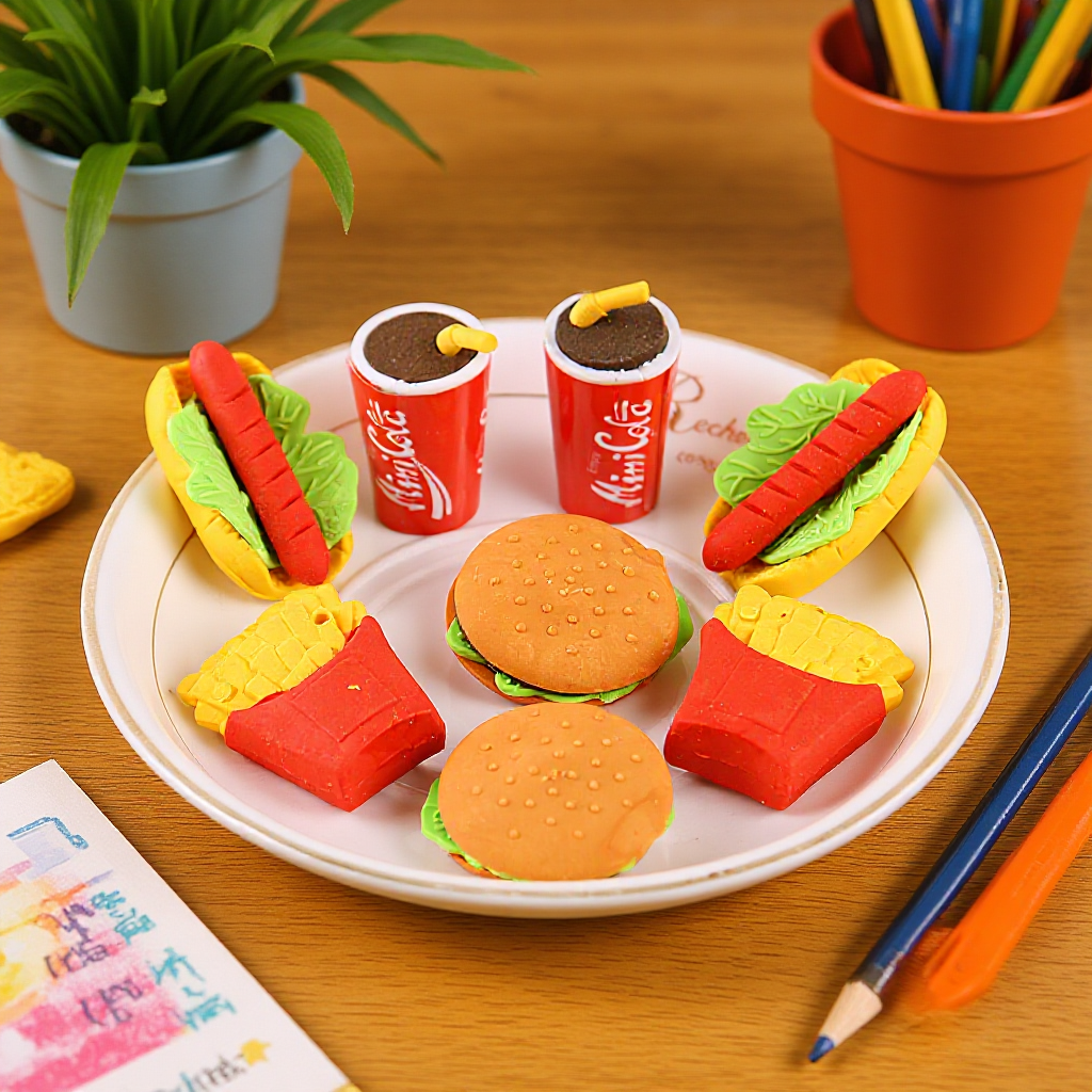 Oferta especial de borradores de dibujos animados de hamburguesas KFC artificiales, juego de borradores correctores para estudiantes, regalo de recompensa para jardín de infantes y días festivos