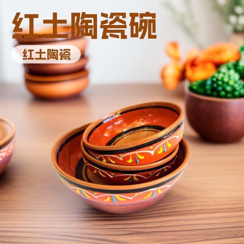 Hand-Painted Terracotta Ceramic Bowl Terracotta Festive Set of 3 - Orange-Cross-Border Customization