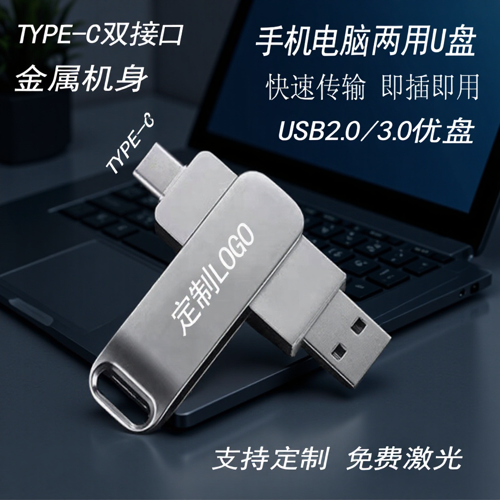 High-speed 3.0u disk wholesale mobile phone type-c computer dual-purpose U disk metal rotating large capacity 64g car USB disk