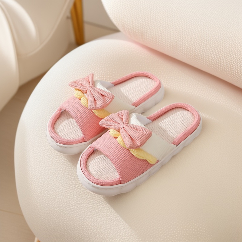 여성용 리본 리넨 슬리퍼, 미끄럼 방지 실내용, 면과 리넨 소재의 두꺼운 밑창 슬리퍼, 여름 도매용 홈 슬리퍼