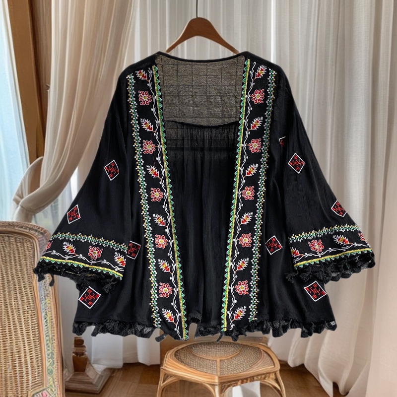 包邮款2023春季波西米亚文艺复古雪纺女装开衫无领宽松蕾丝衫