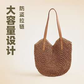 田园风休闲旅行手提包手工编织大挎包日常通勤提包拉链包出街日系