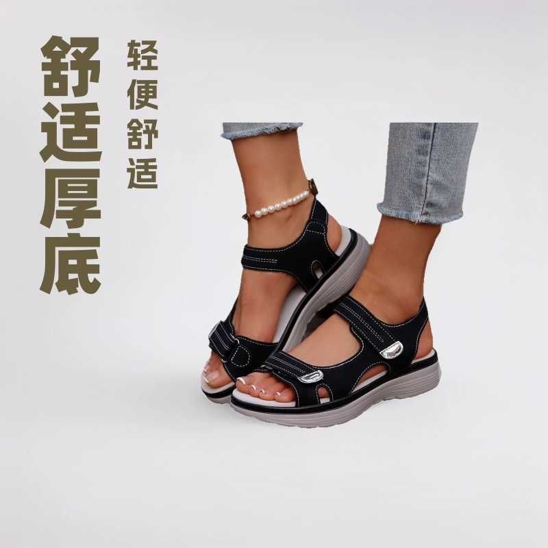 Летние 2025 новые сандалии женские склоны на каблуках легкий липучка липучка пляжные сандалии на открытом воздухе удобные сандалии на толстой подошве