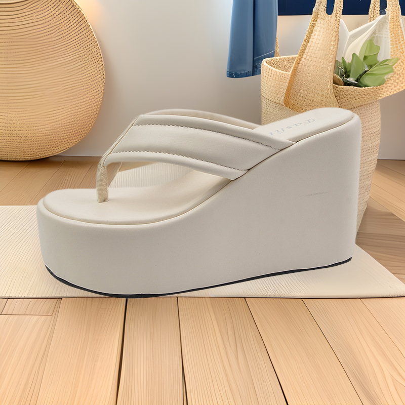 Blue denim wedge flip-flops 2023 Summer vacation beach shoes outer wear platform high heel slippers