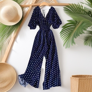 Cross-border Sexy V-neck Bat Sleeve Tight Waist Slimming Polo-dot Printed Pants Fashionable Elegant Wide-leg Pants