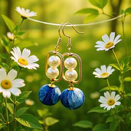 手作耳饰小设计手工蓝染耳环女饰金色厚镀耳钩植物扎染民族植物染