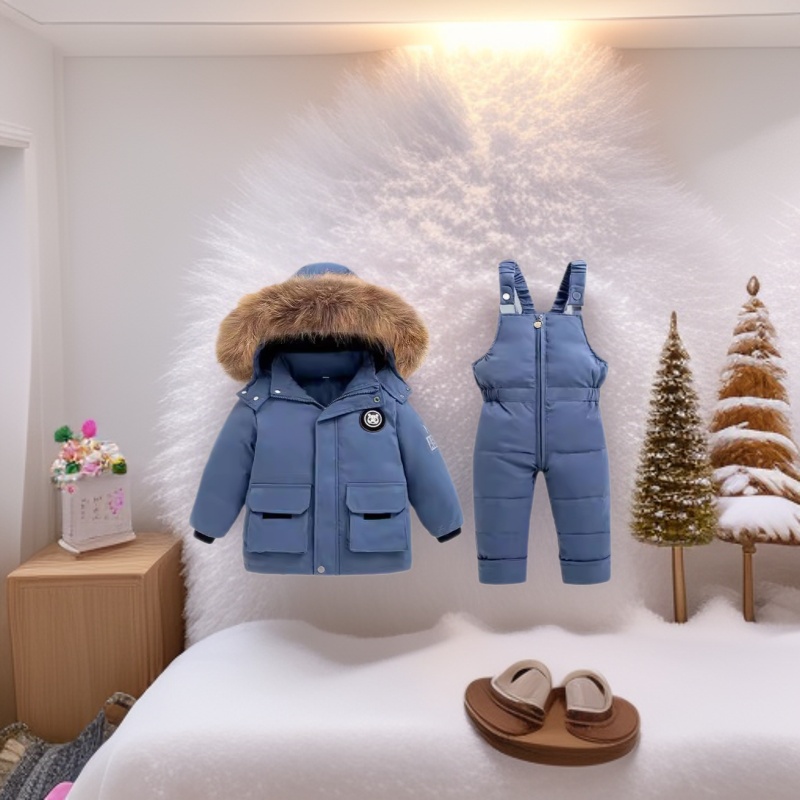 Infant and toddler winter fleece suit set, baby overalls, thickened down-silk winter clothing, two-piece winter outfit, 1-5 years old children's clothing