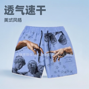 Summer Trendy American Sports Shorts for Men, Knee-Length Loose Three-Point Pants for Running Training, Breathable and Quick-Drying Beach Pants