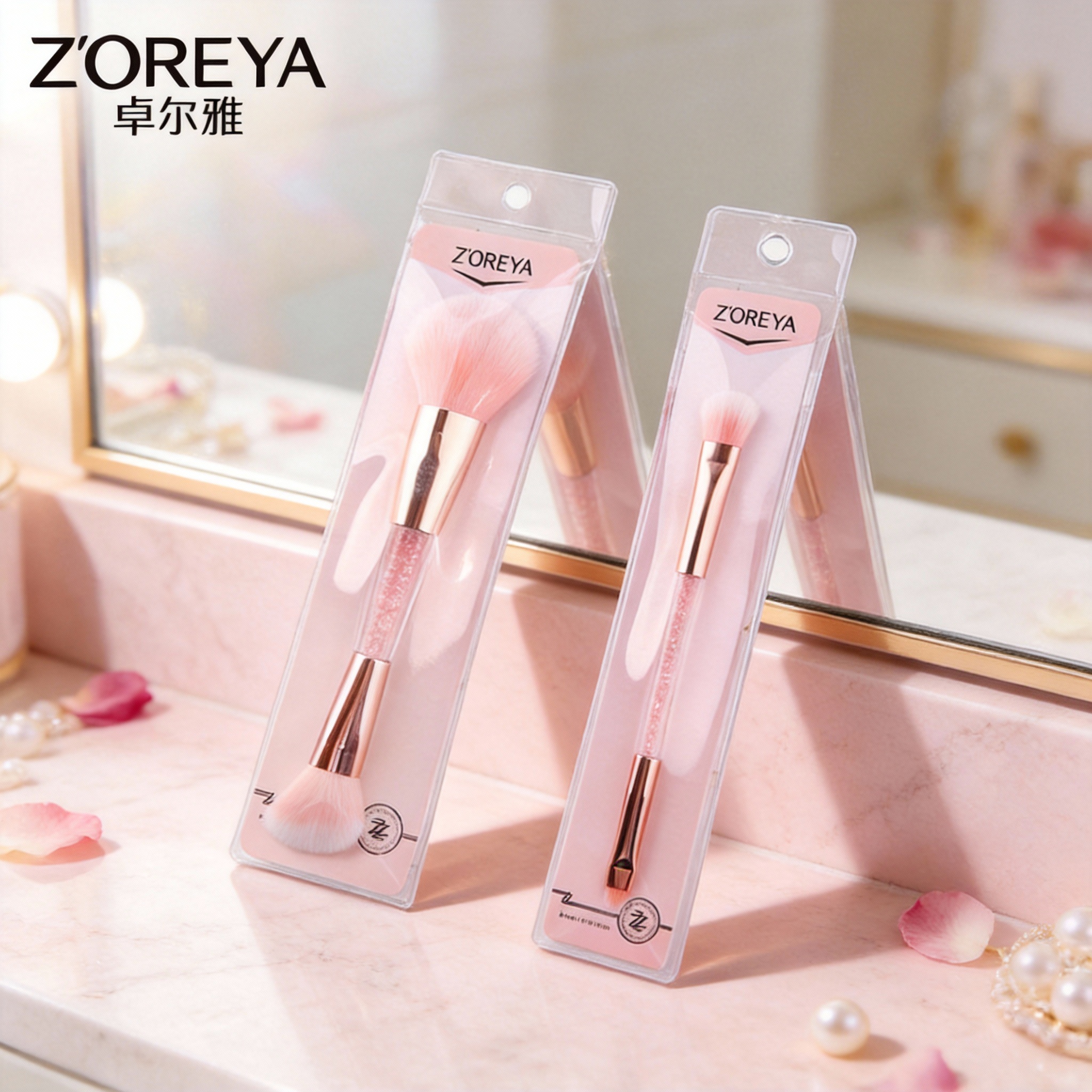 Brocha de maquillaje de doble punta Zhuoerya con mango de acrílico, brocha individual para base y contorno, versión portátil.