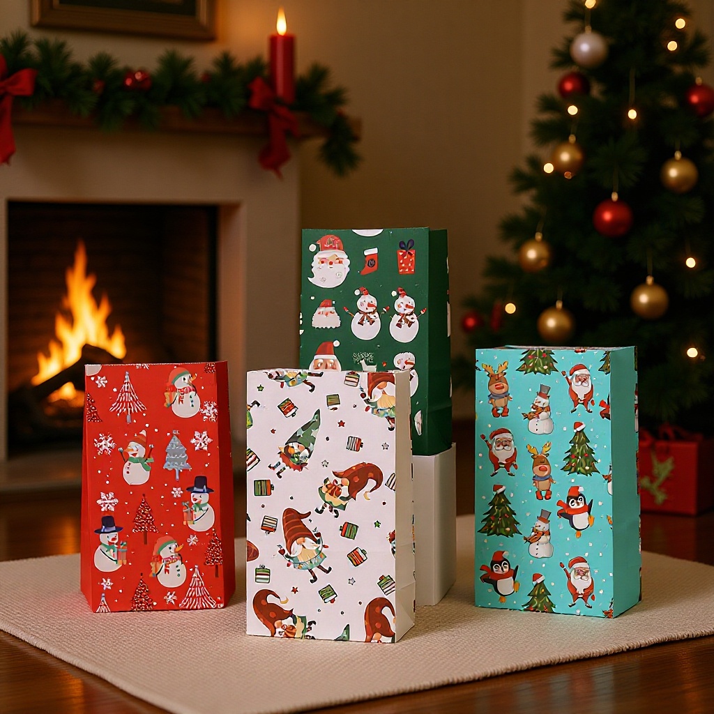 新款圣诞节彩色印花平安夜苹果盒圣诞包装礼品手提袋方底爆米花