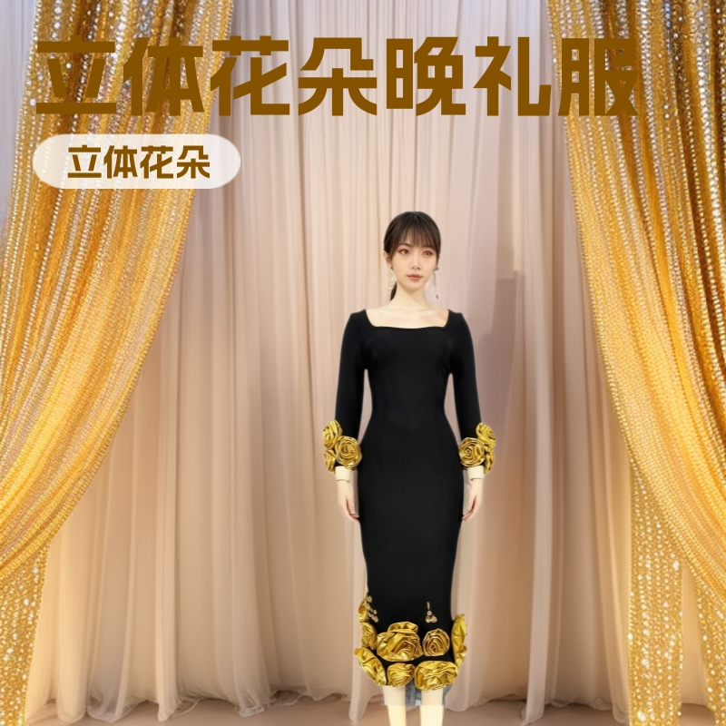 Cross-Border New Square-Neck Three-Dimensional Floral Bodycon Bandage Dress Evening Party Dress Evening Gown Christmas