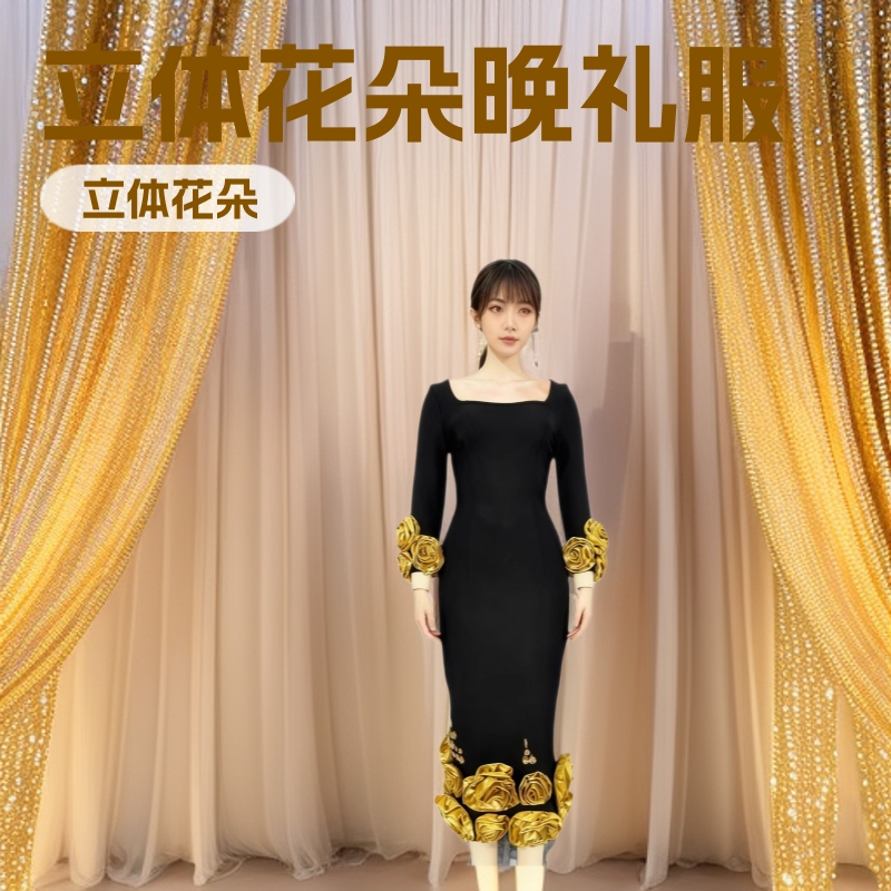 Cross-Border New Square-Neck Three-Dimensional Floral Bodycon Bandage Dress Evening Party Dress Evening Gown Christmas