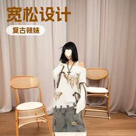 欧美复古辣妹露肩蝴蝶长袖轻亚毛衣女装秋冬设计感宽松一字肩上衣