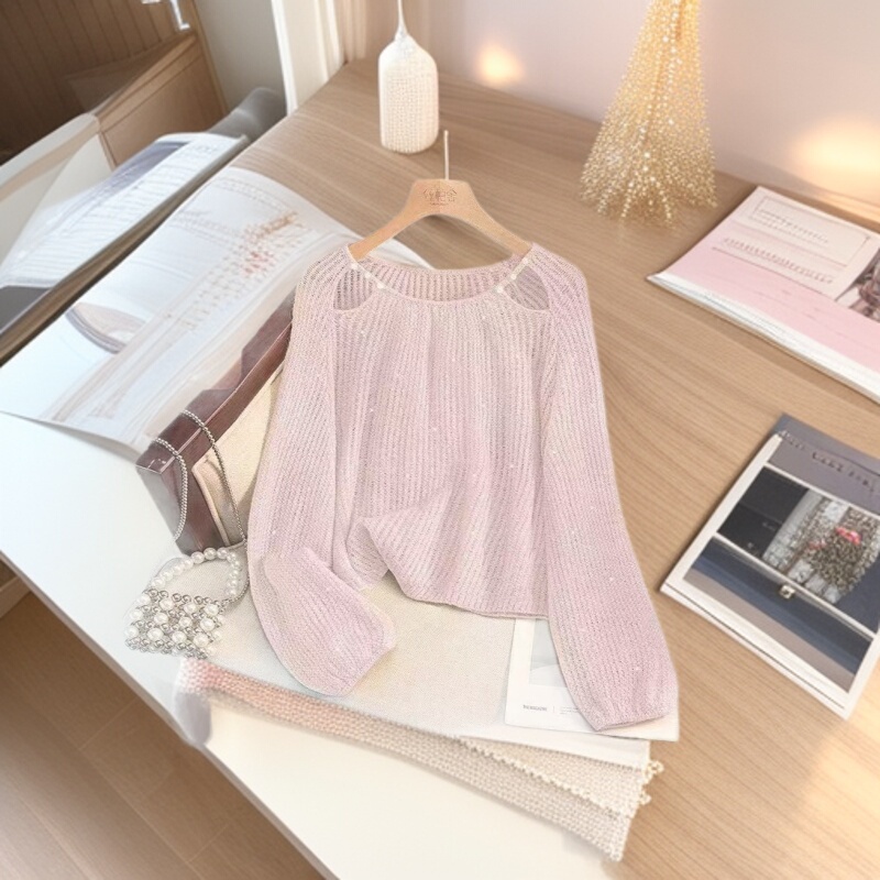 Japanese Paper Yarn Hollow-Out Knit Sweater, Round Neck Top, Loose Fit, Slimming, Long Sleeves
