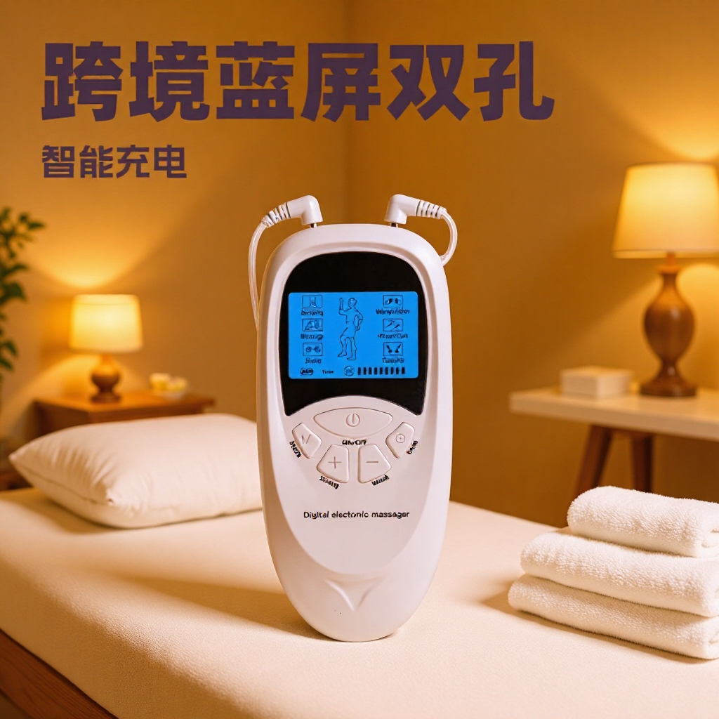 跨境英文多功能经络按摩仪充电脉冲家用蓝屏双通道针灸经络理疗仪