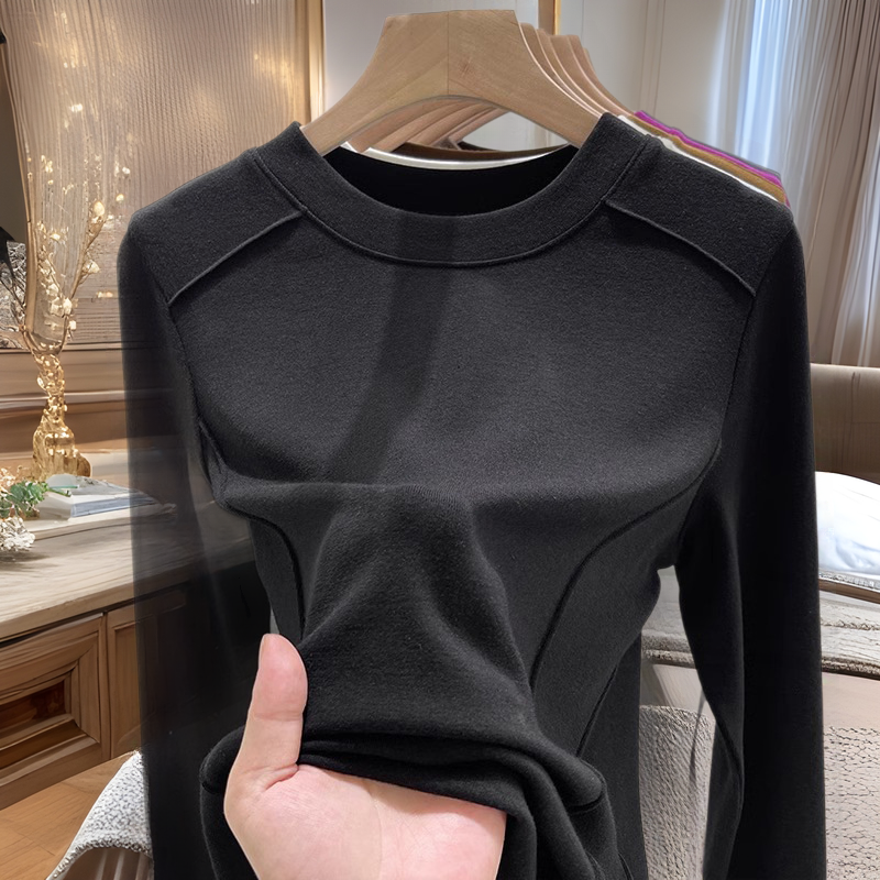 肩の小さい立襟の長袖のtシャツの女性の秋冬の美拉徳の絨毯の厚い中に魚の骨のカブトの腰の底のシャツの上着を掛けます。