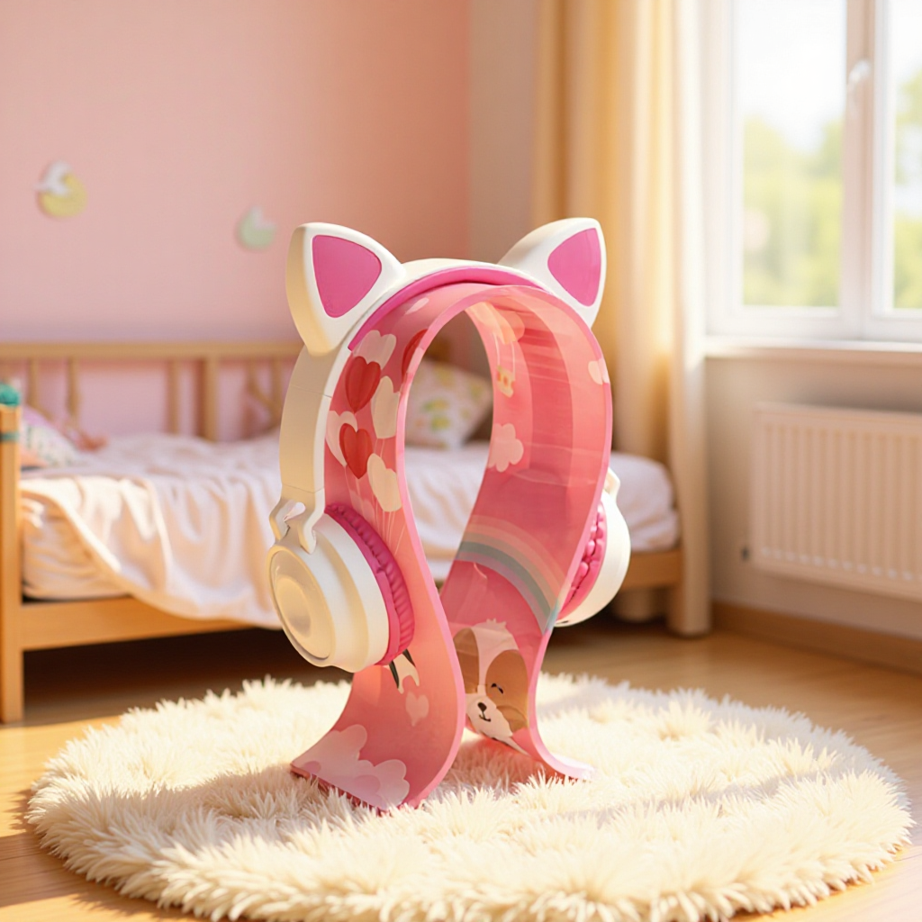 女生版头戴大耳机架 粉色可爱卡通耳机放置架 耳机展示架生产工厂