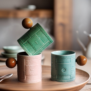 Ins Style Ceramic Cup Wooden Ball High-Looking Home Office Couple Water Cup High-End Mug Coffee Cup