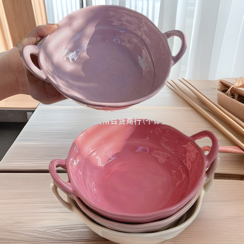 Ceramic Hand-Kneaded Asymmetrical Double-Eared Bowl Fruit Salad Bowl Instant Noodle Bowl Home Dormitory Student Microwave Tableware