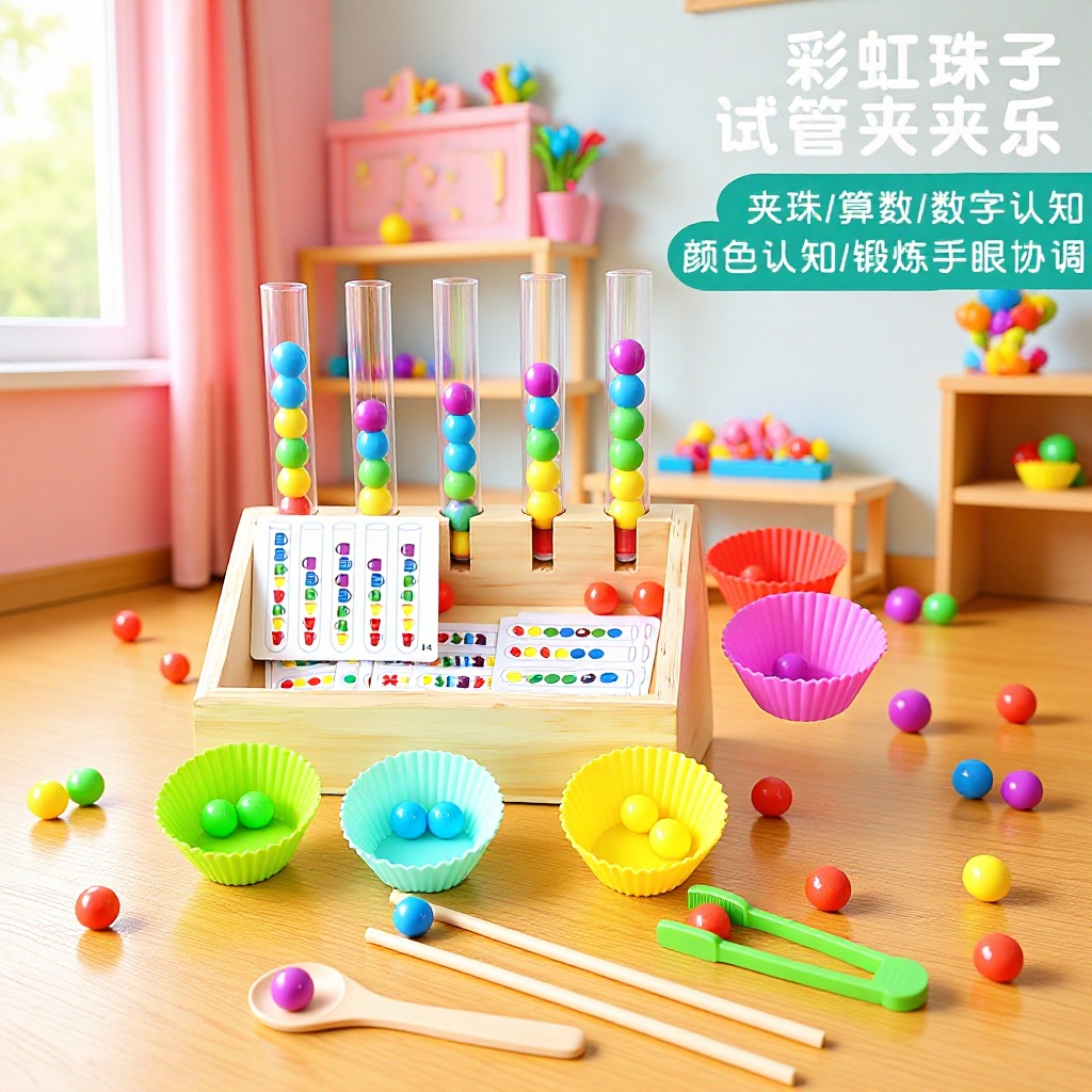 儿童益智蒙氏早教试管彩色珠子夹夹乐颜色认知手眼协调益智玩具