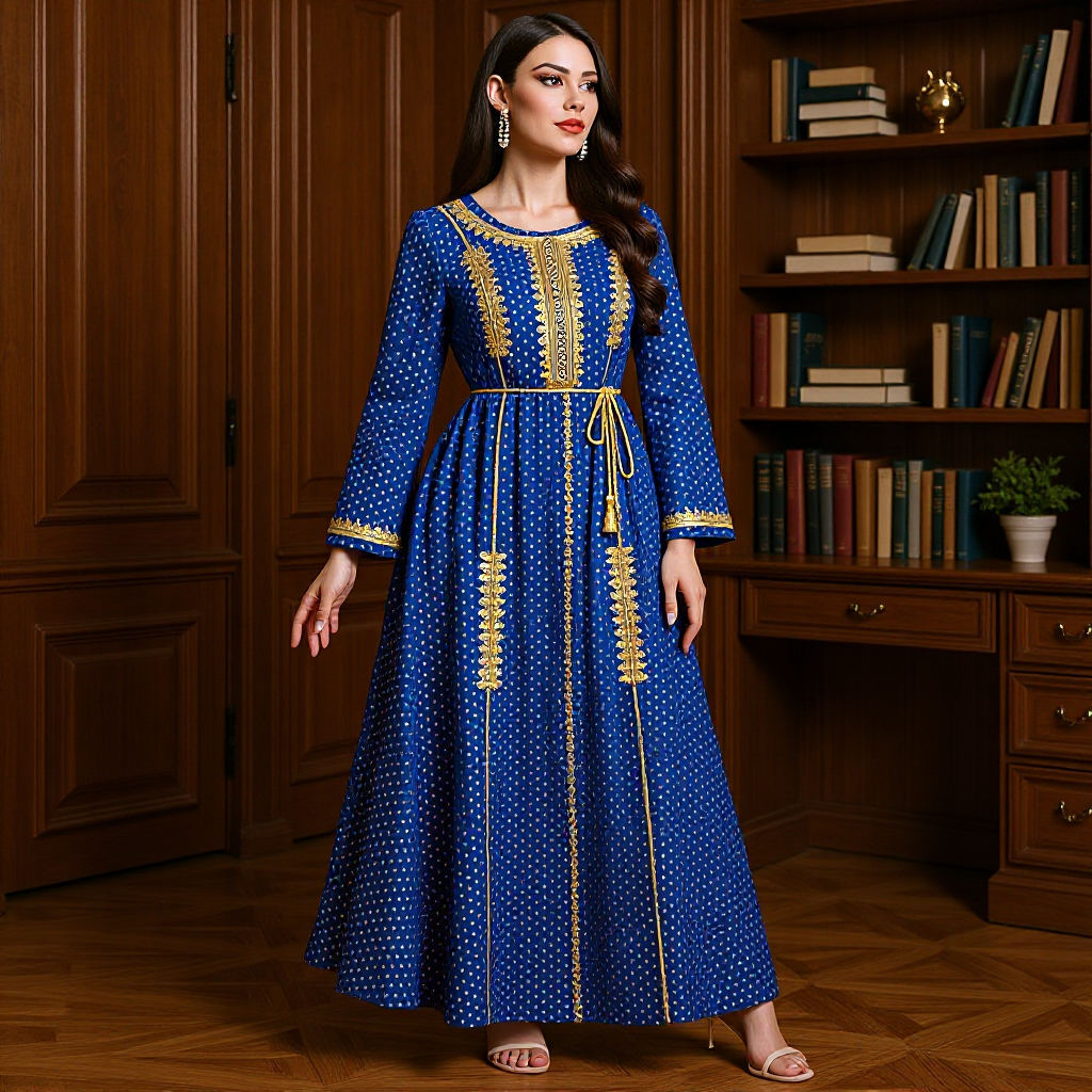 2790 Middle East Cross-border Arab Robe Women's Polka Dot Bronzing Embroidered Round Neck Dress New dress